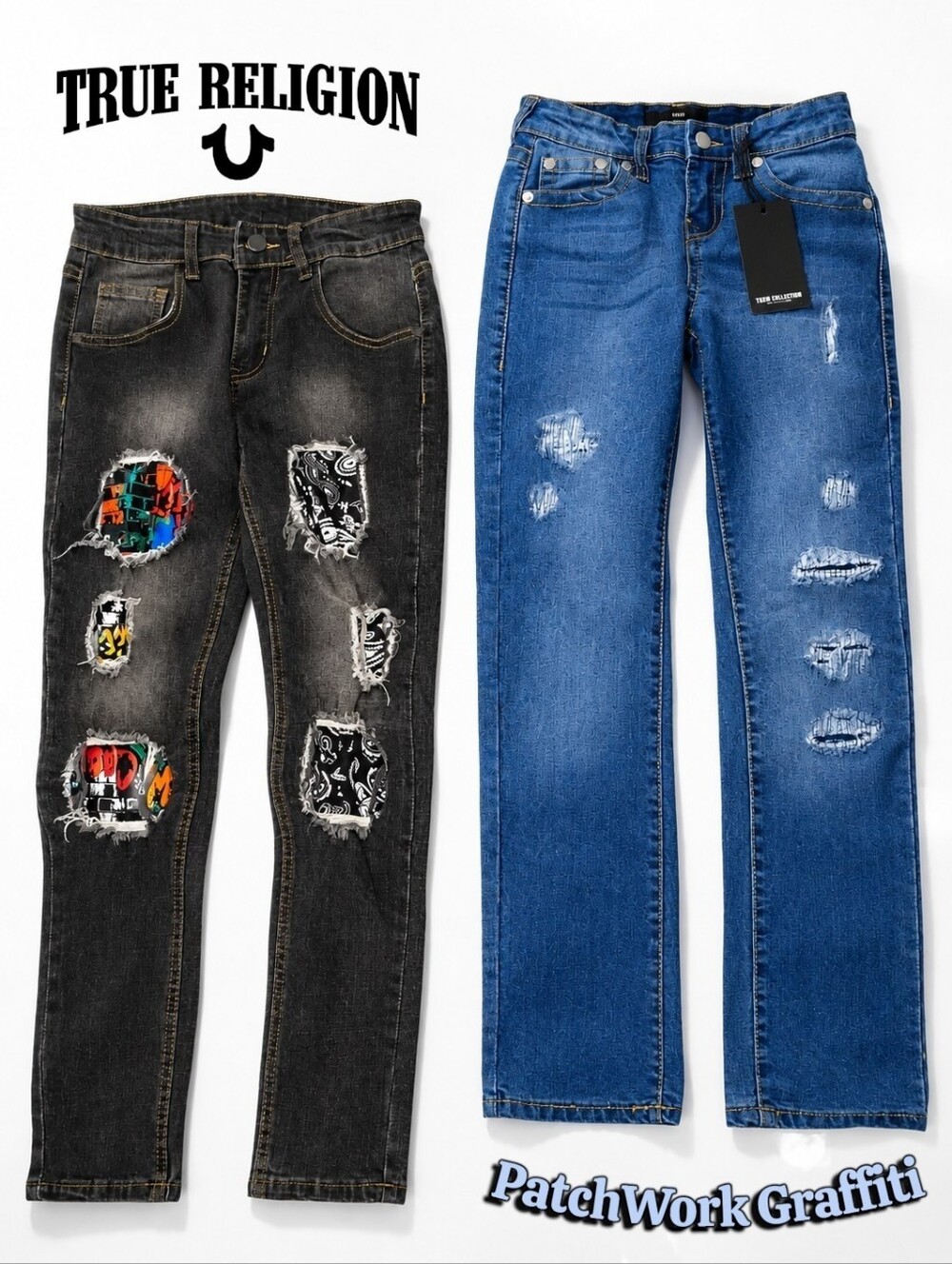 Lot TRUE RELIGION Geno Relaxed Slim Jeans Boys SIZE 10 DESTROYED Graffiti JEANS